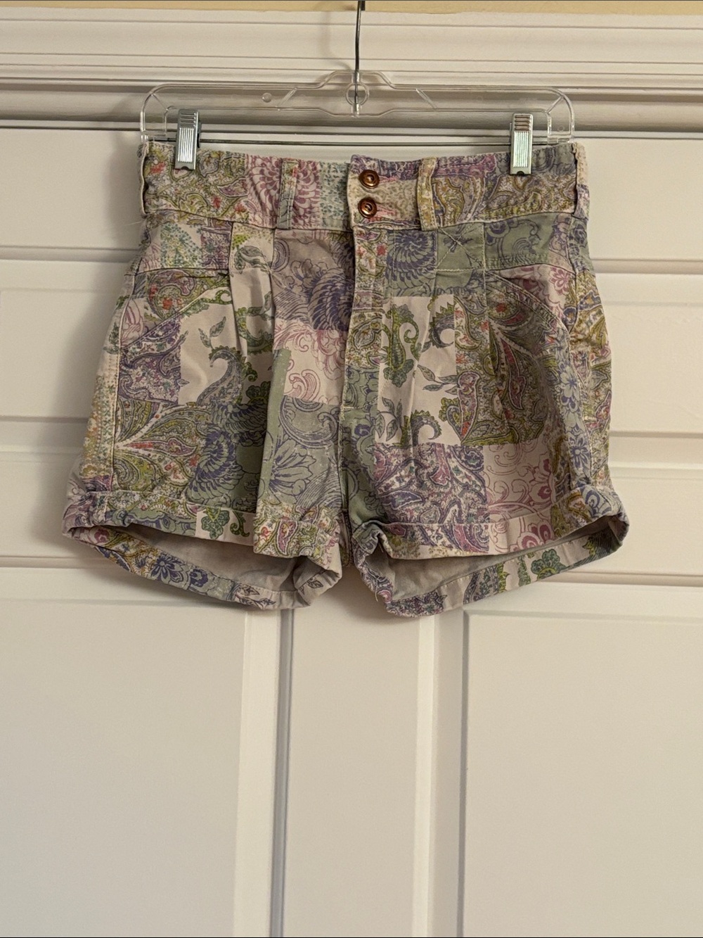 Anthropology Pilcro High-Waist Paisley Patchwork Shorts - Pastel Green & Pink